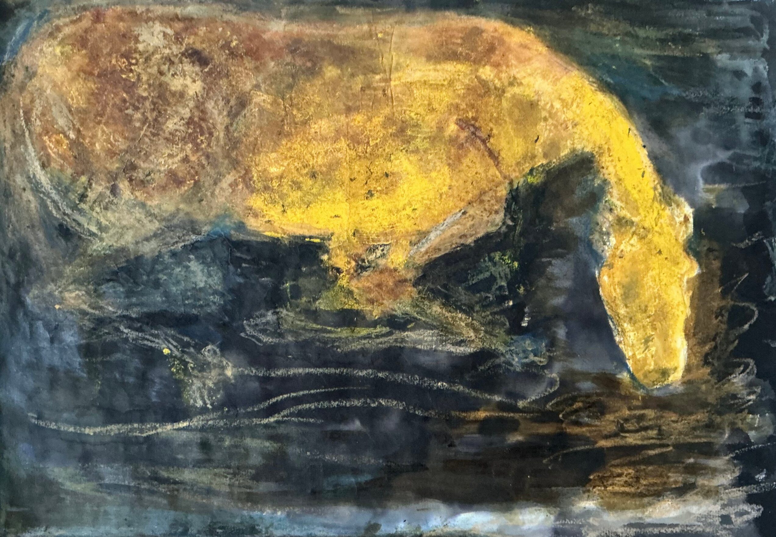 Gemälde in Gelb und Orange auf dunklem Blau, Titelbild von Lilii Borea